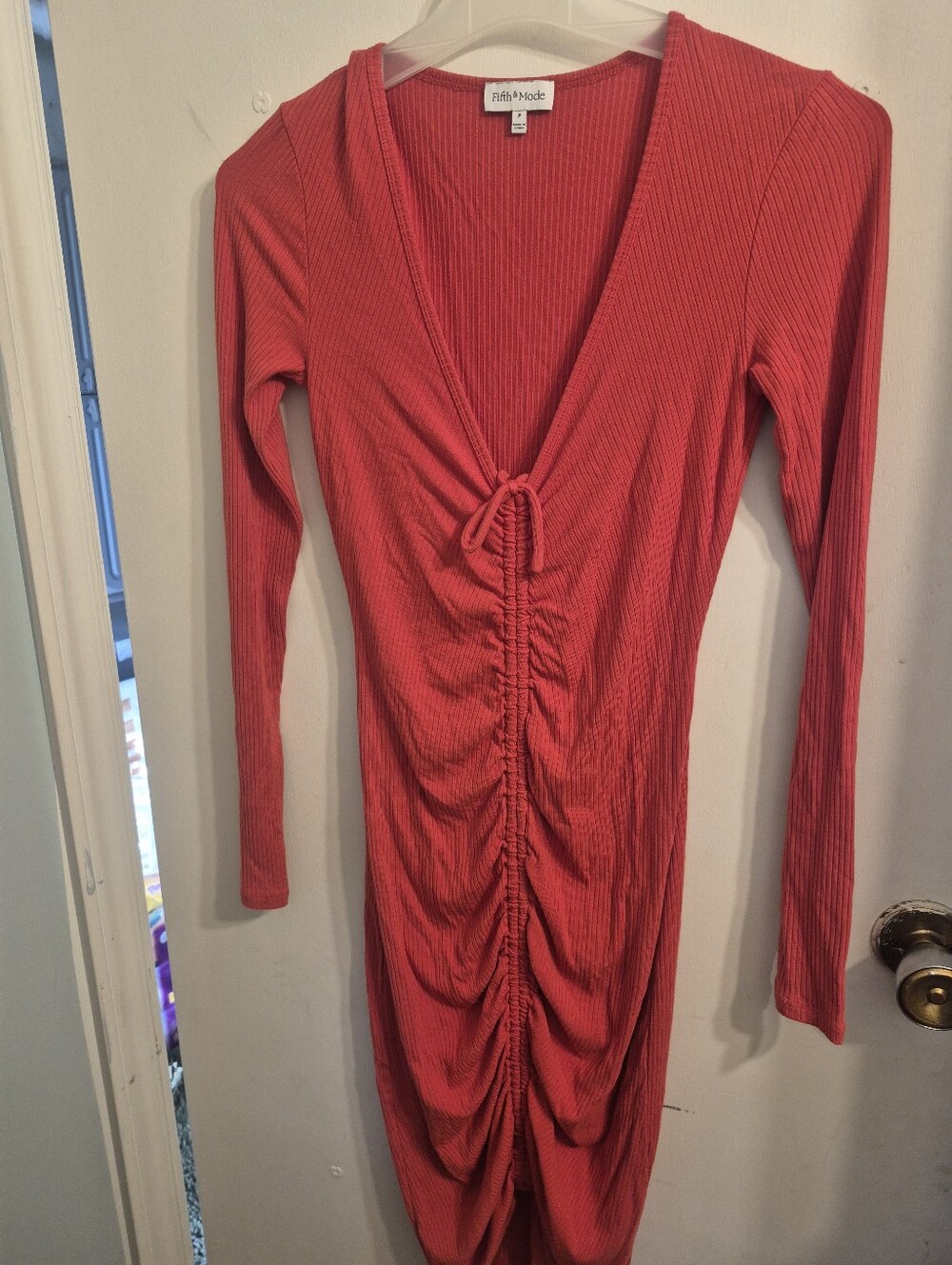 Fifth & Mode Red Ruched V-Neck Long Sleeve Dress